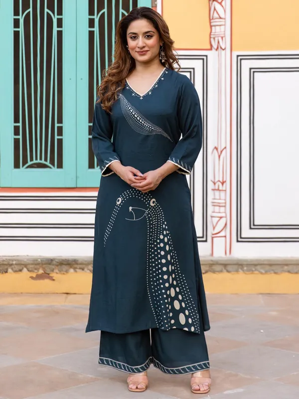 Indogo blue printed silk kurti set