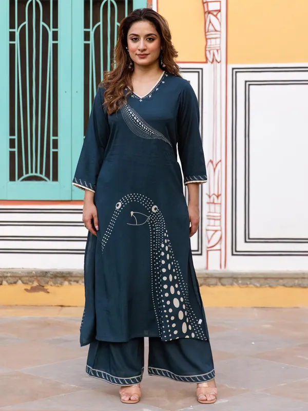 Indogo blue printed silk kurti set