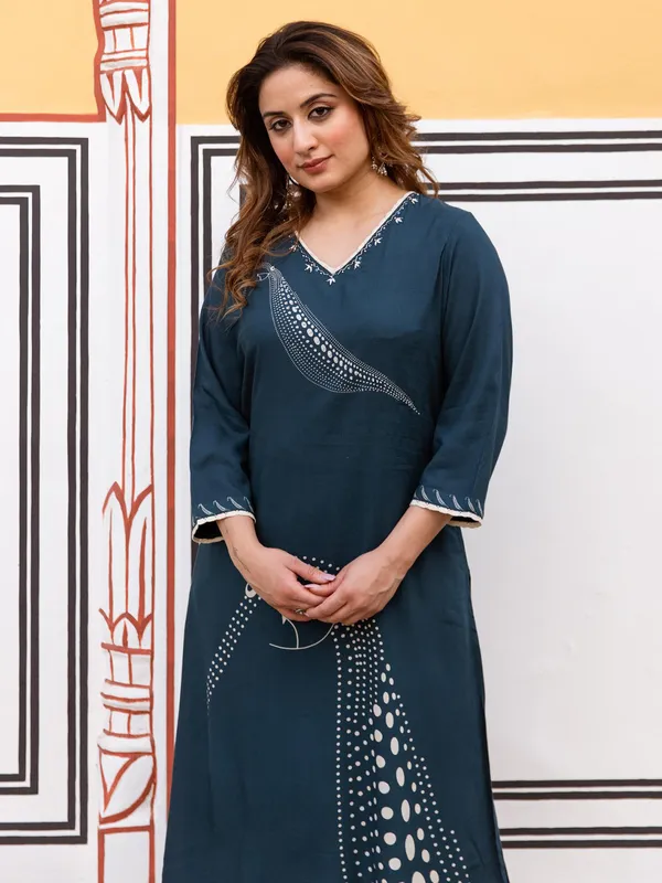 Indogo blue printed silk kurti set