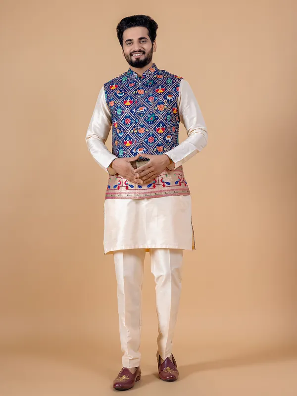 Ink blue and cream silk waistcoat set