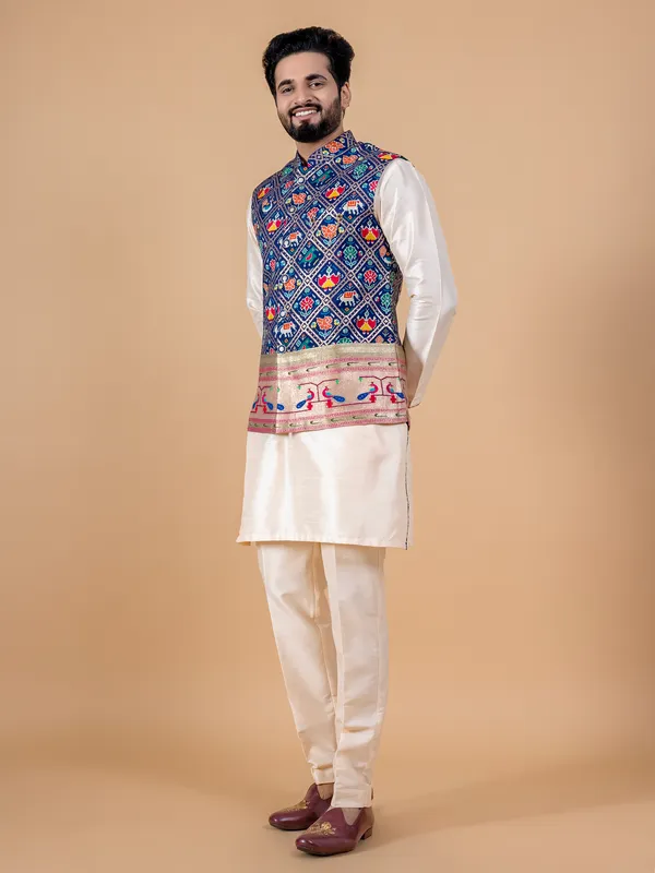 Ink blue and cream silk waistcoat set