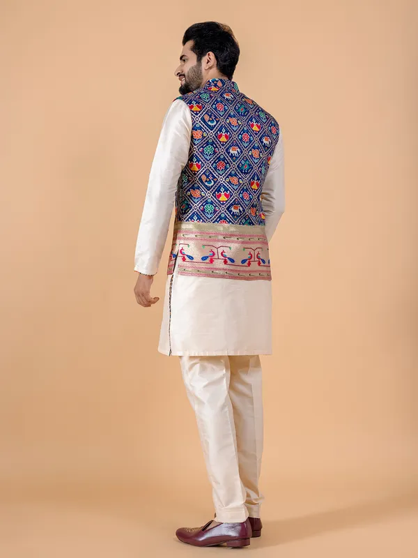 Ink blue and cream silk waistcoat set