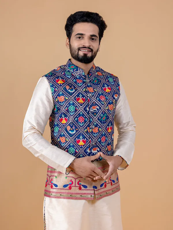 Ink blue and cream silk waistcoat set
