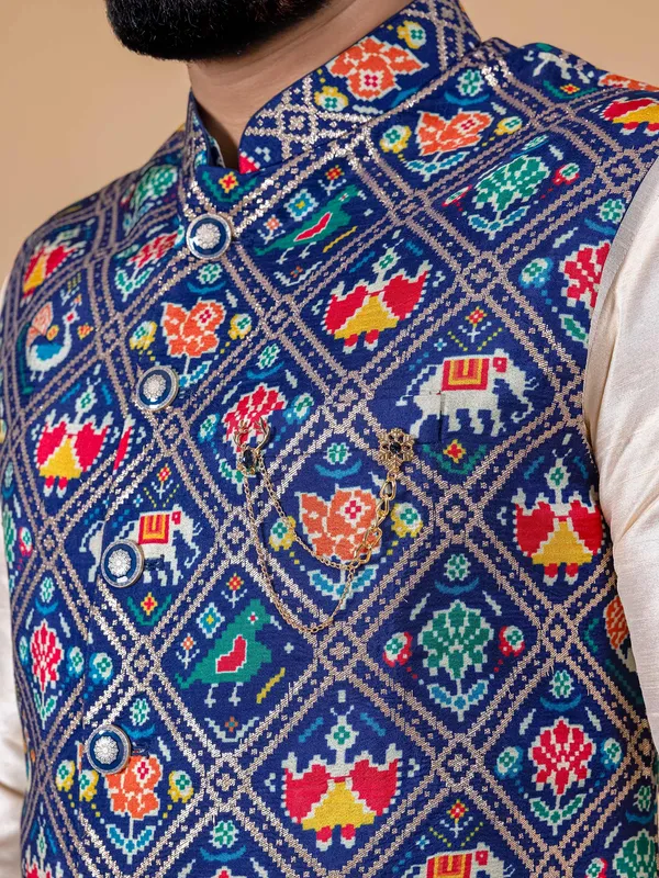 Ink blue and cream silk waistcoat set