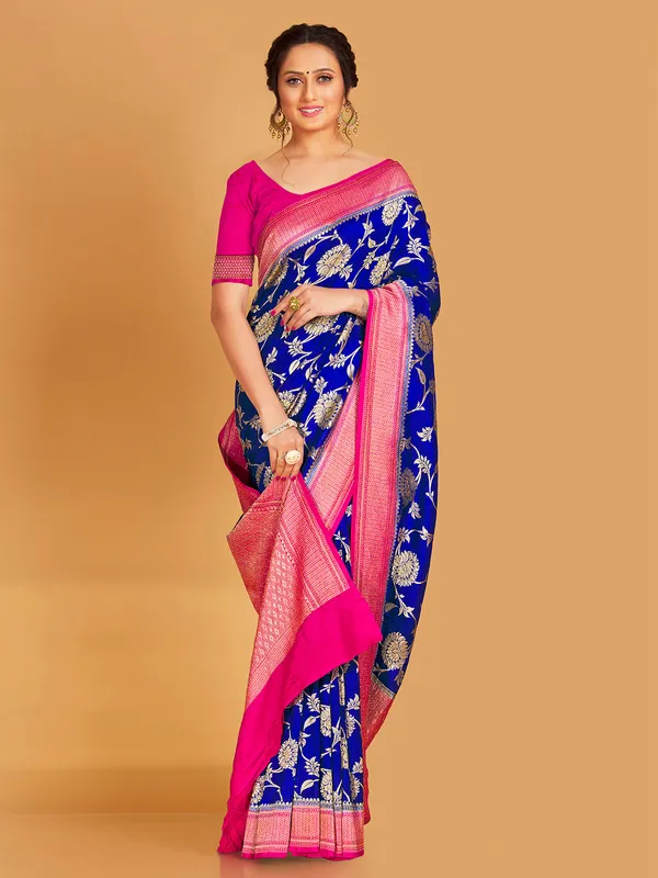 Ink blue silk zari weaving saree for wedding