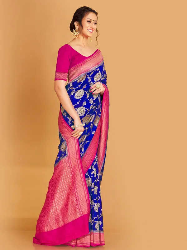 Ink blue silk zari weaving saree for wedding