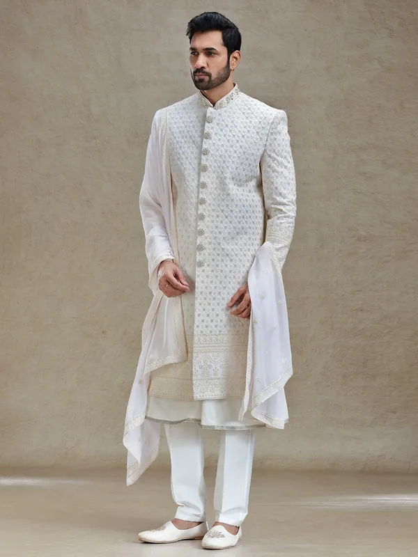 Ivory cream ethnic charm sherwani for men