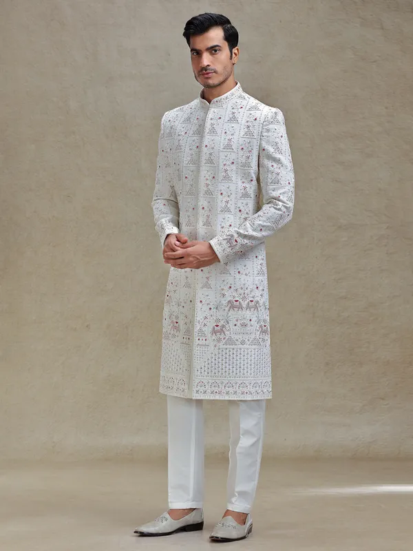 Ivory cream ethnic charm sherwani for mens