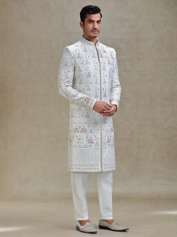 Ivory cream ethnic charm sherwani for mens
