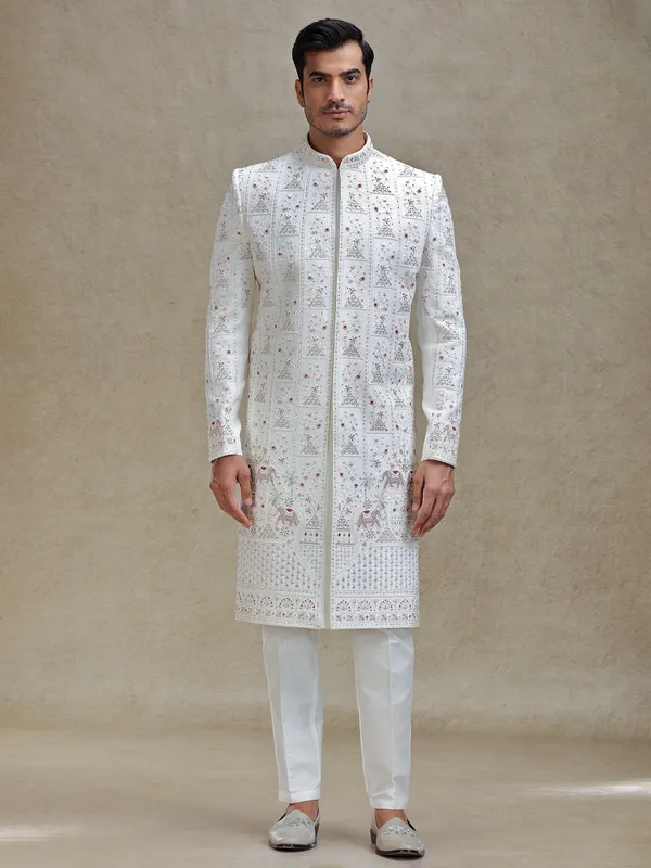 Ivory cream ethnic charm sherwani for mens