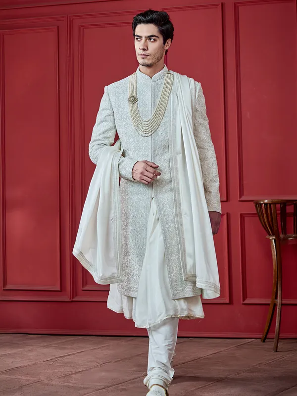 Ivory cream peshwahi style silk sherwani