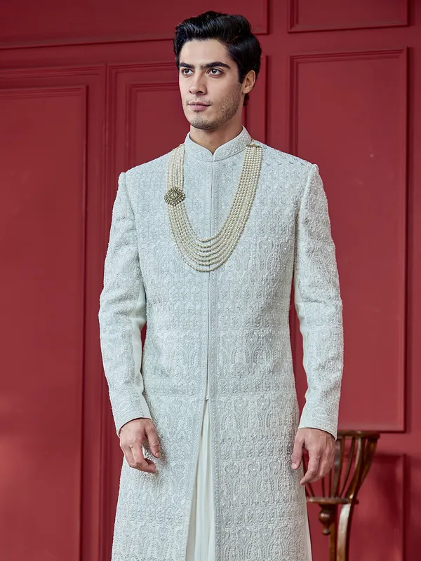 Ivory cream peshwahi style silk sherwani