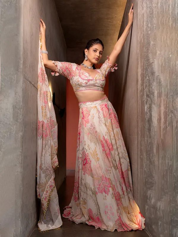 Ivory cream printed silk lehenga choli