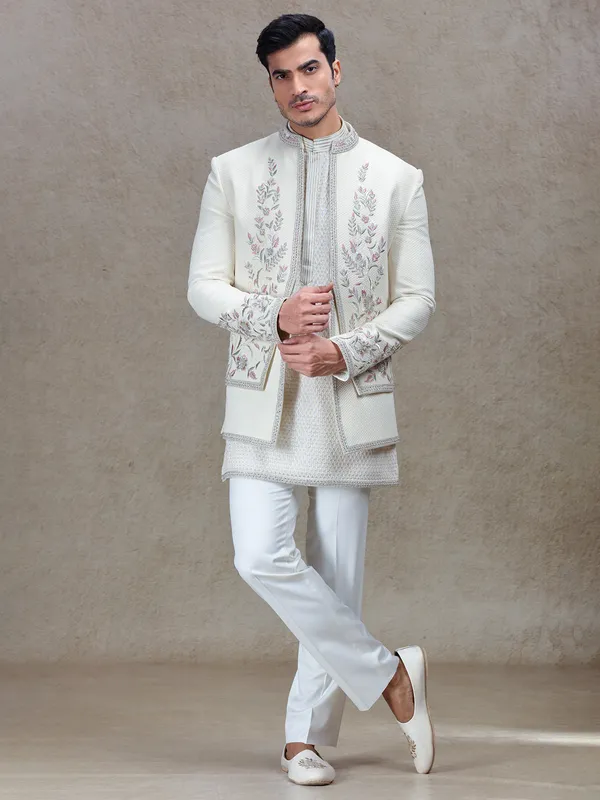 Ivory cream short jacket style indo-western for reception