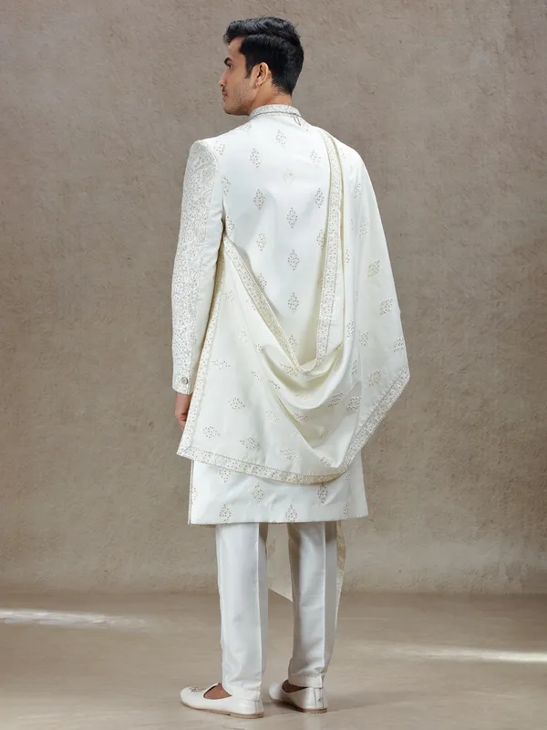 Ivory cream silk sherwani with rich embellishments