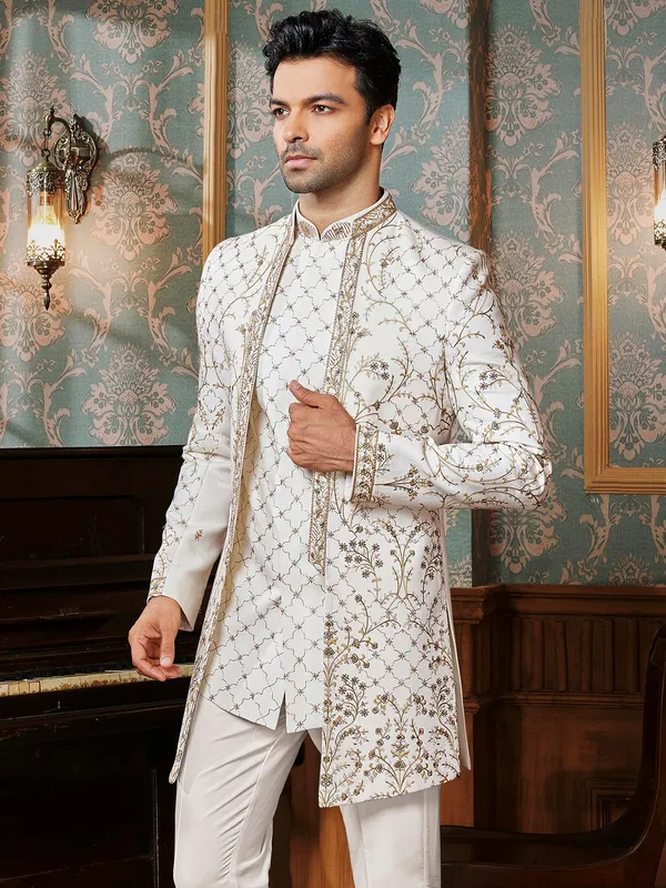 Ivory terry rayon Indowestern with colorful thread...