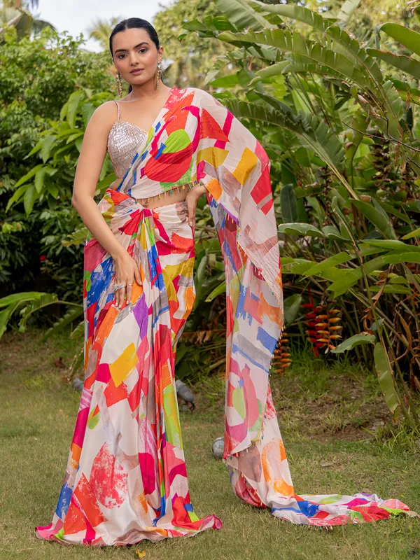 Ivory white printed women indowester suit
