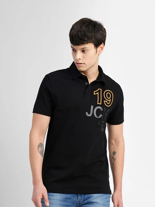 JACK&JONES black printed half sleeves t shirt