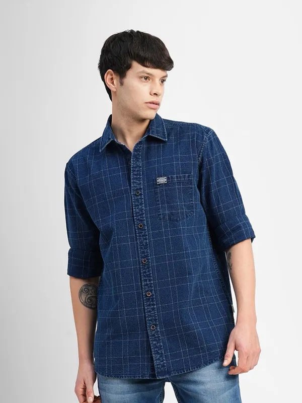 JACK&JONES checks indigo blue denim shirt