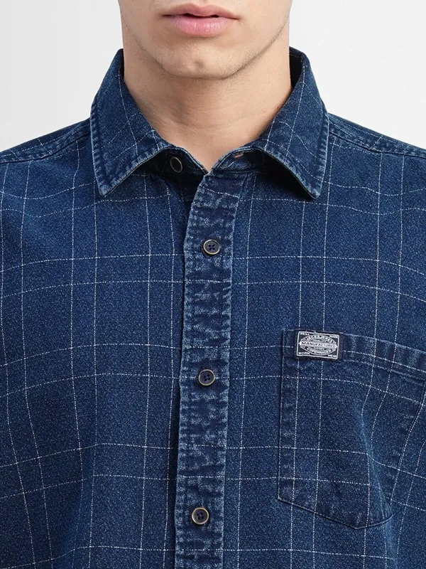 JACK&JONES checks indigo blue denim shirt