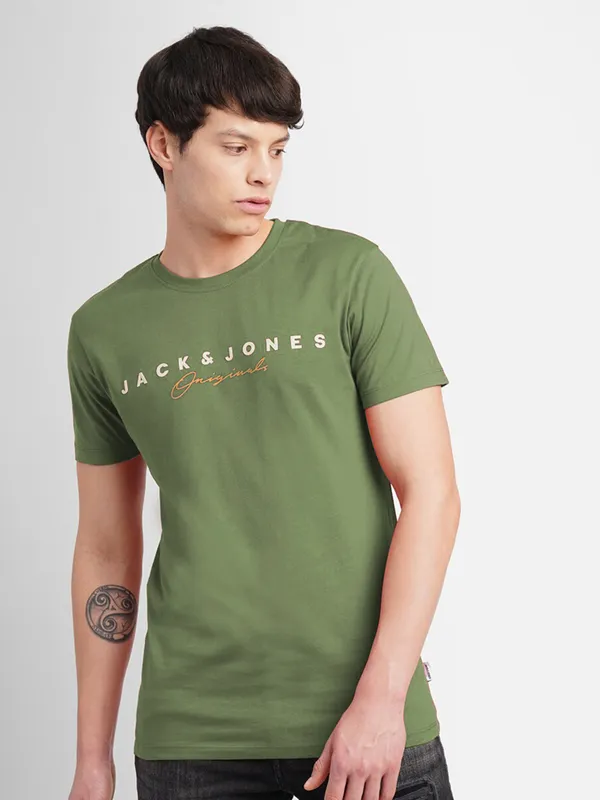JACK&JONES cotton printed moss green t shirt