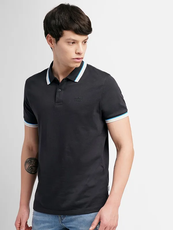 JACK&JONES polo neck black cotton t shirt