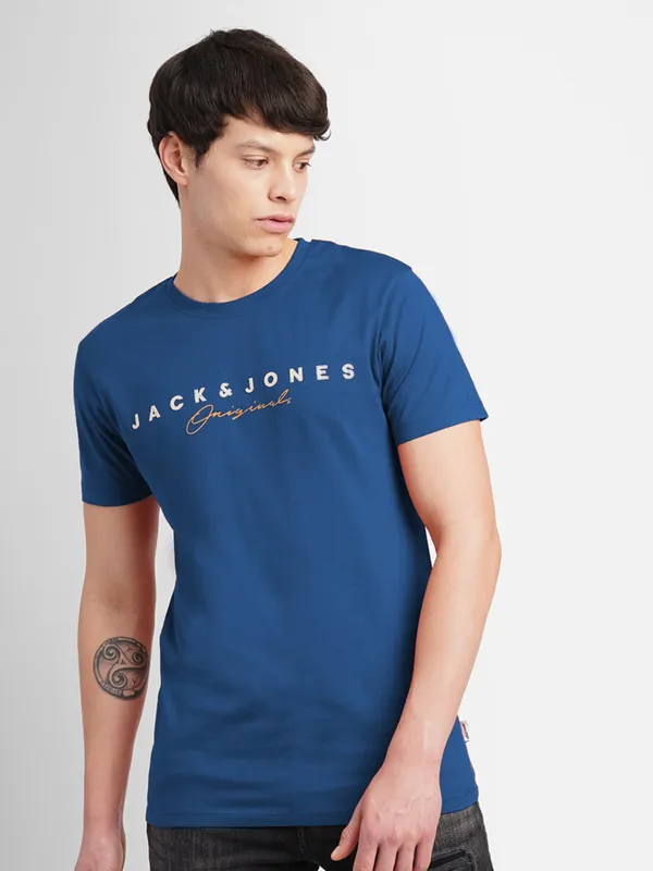 JACK&JONES royal blue printed t shirt in cotton
