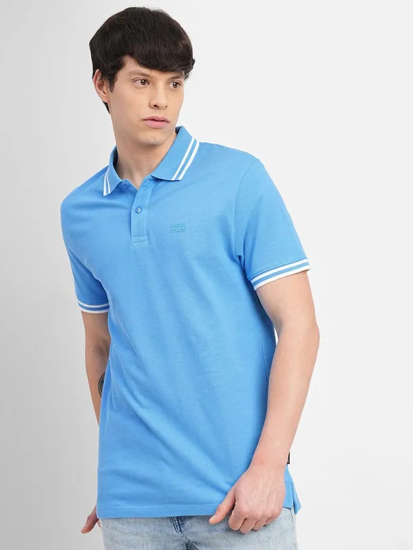 JACK&JONES sea blue cotton plain polo t shirt