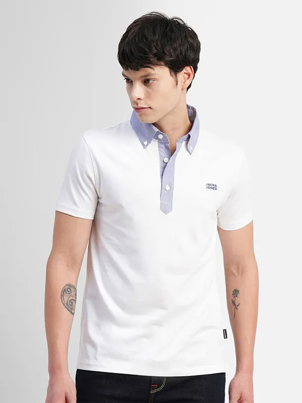 JACK&JONES white plain cotton polo t shirt