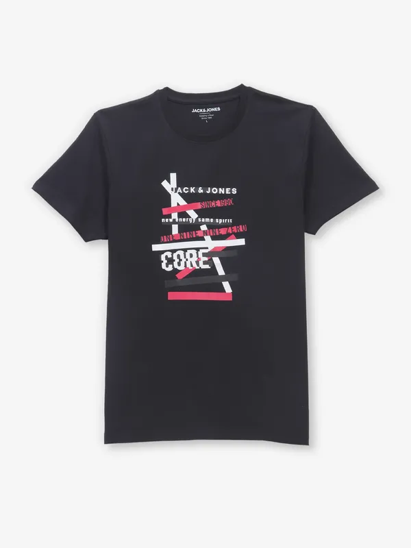 JACK & JONES black printed cotton t-shirt
