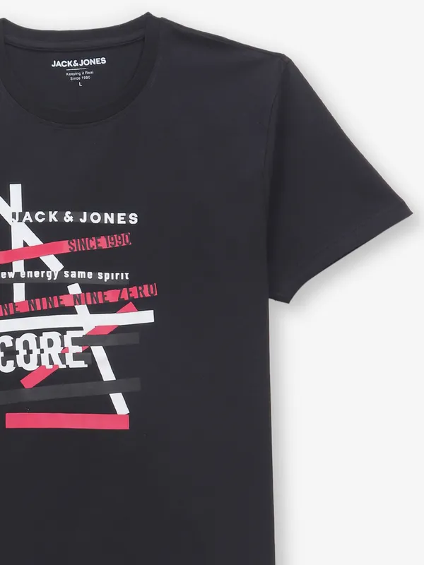 JACK & JONES black printed cotton t-shirt