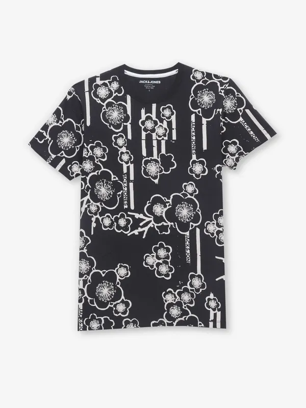 JACK & JONES black printed cotton t-shirt for men