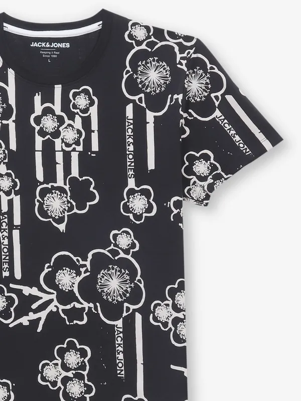 JACK & JONES black printed cotton t-shirt for men