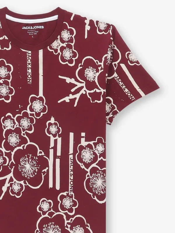 JACK & JONES maroon printed cotton t-shirt