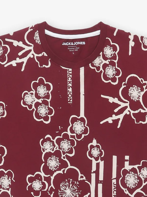JACK & JONES maroon printed cotton t-shirt
