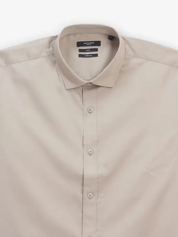 JACK & JONES plain beige cotton silk shirt