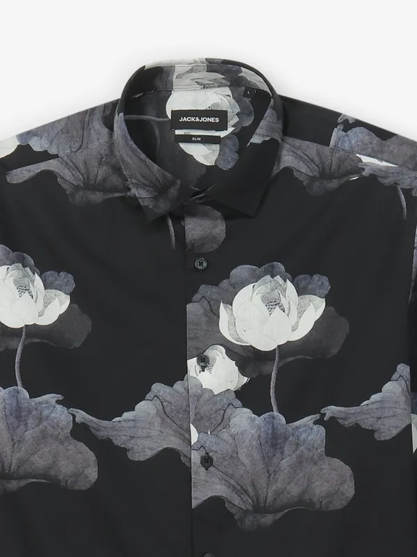 JACK & JONES printed black cotton shirt for mens wear
