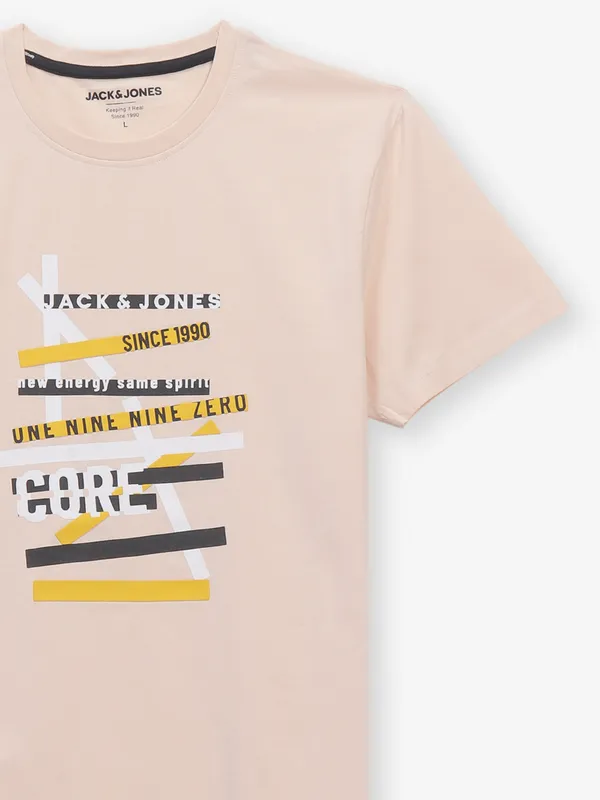 JACK & JONES printed peach cotton t-shirt for men