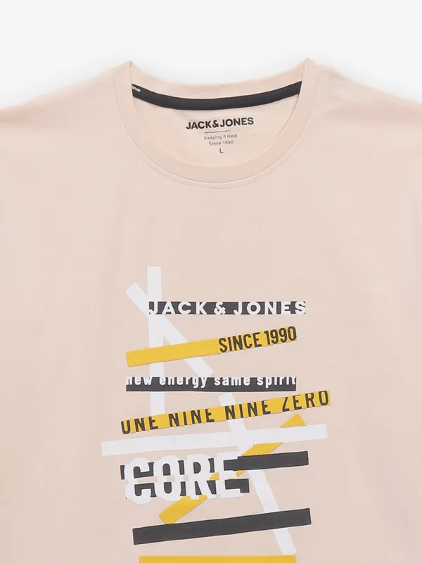 JACK & JONES printed peach cotton t-shirt for men