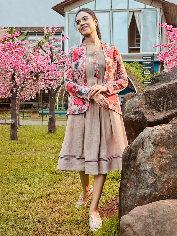 Jacket style beige cotton kurti