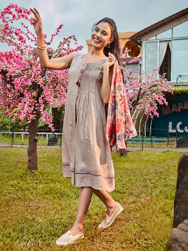 Jacket style beige cotton kurti