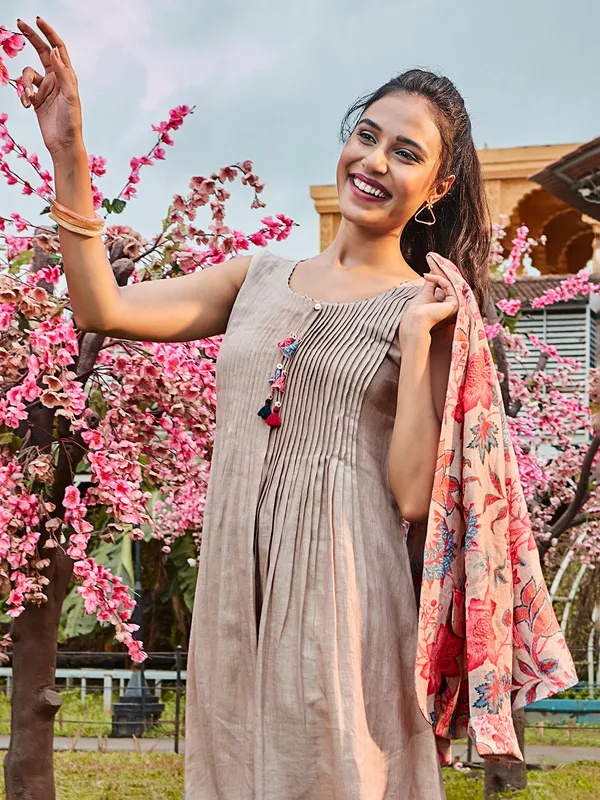 Jacket style beige cotton kurti