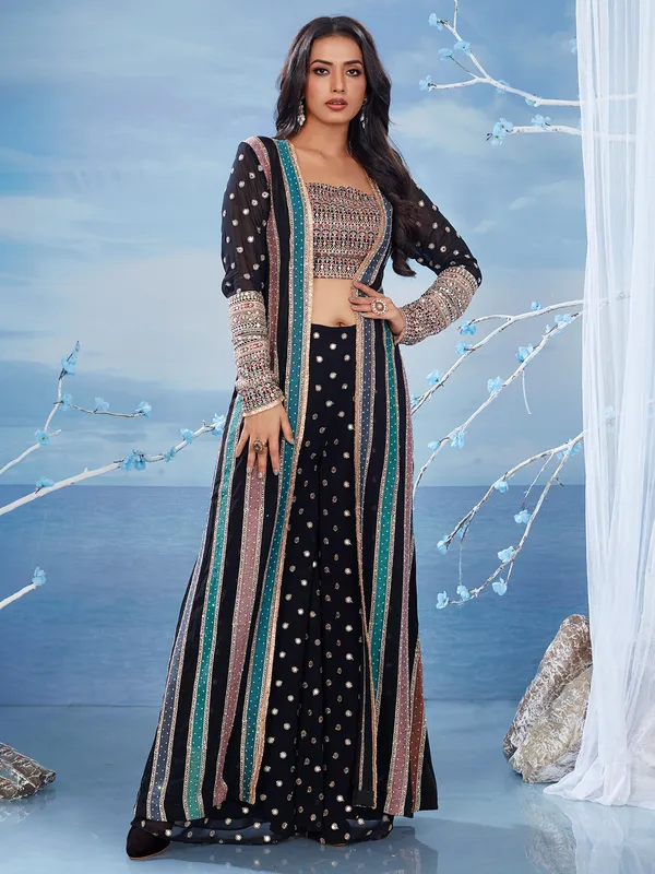 Jacket style black embroidery salwar suit for wedding