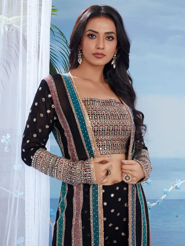 Jacket style black embroidery salwar suit for wedding