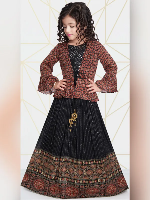Jacket style black lehenga choli in georgette fabric