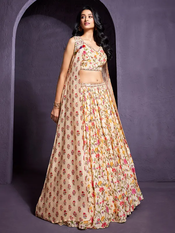 Jacket style cream silk printed lehenga choli