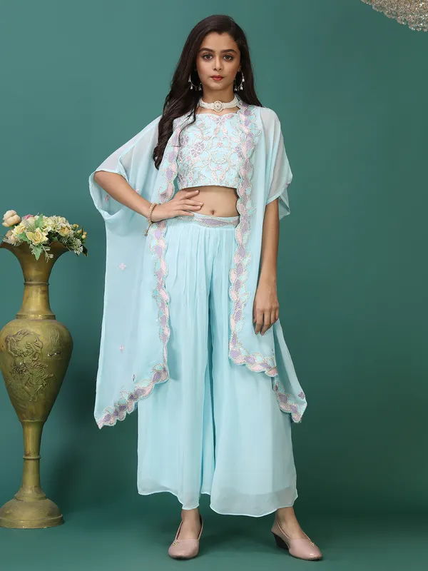 Jacket style georgette sky blue palazzo suit