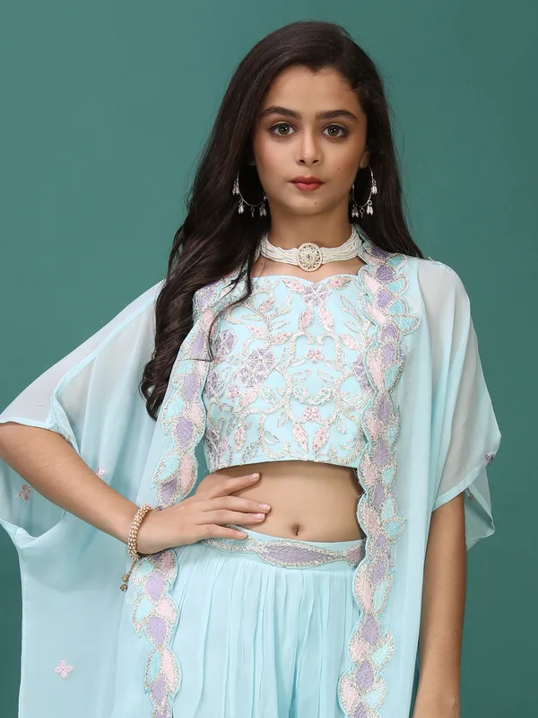 Jacket style georgette sky blue palazzo suit