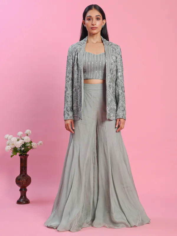 Jacket style grey georgette sharara suit