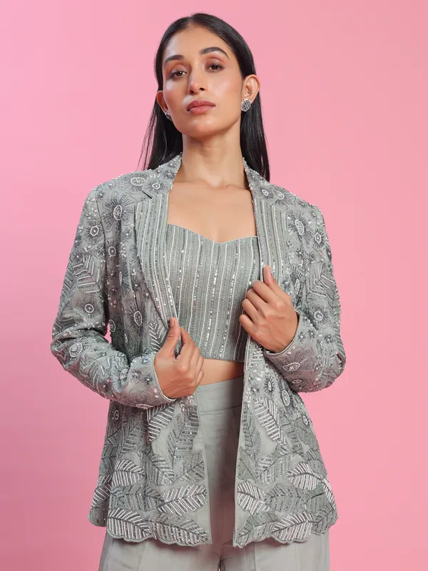 Jacket style grey georgette sharara suit